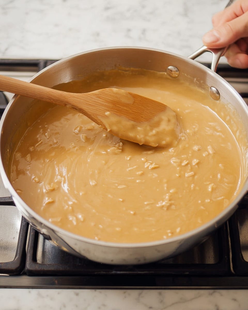 A shiny silver pan filled with thick, creamy sauce in light brown color, with small visible chunks throughout. A wooden spatula stirs the sauce, showing smooth and slightly lumpy texture, with woman’s hand holding the spatula from the left side. The pan is on a white marbled stove surface, with part of a black stove visible in the background. The scene is close up, focusing on the sauce motion and wooden spatula details photo taken with an iphone --ar 4:5 --v 7