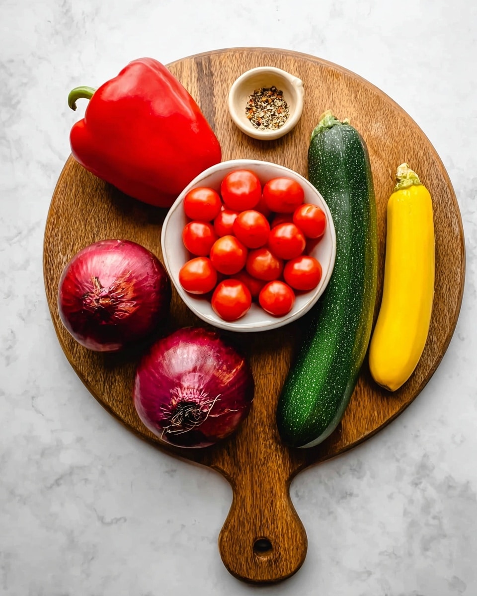 A round wooden cutting board with a handle is placed on a white marbled surface. On the cutting board, there is a small white bowl filled with bright red cherry tomatoes near the center. To the left of the bowl, a shiny red bell pepper sits next to a large purple onion that shows some natural cracks. On the right side, a fresh dark green zucchini and a bright yellow squash are placed parallel to each other. Above the onion, a small beige dish holds some mixed dried spices. The overall colors are vibrant against the brown wood and white marble background. Photo taken with an iphone --ar 4:5 --v 7