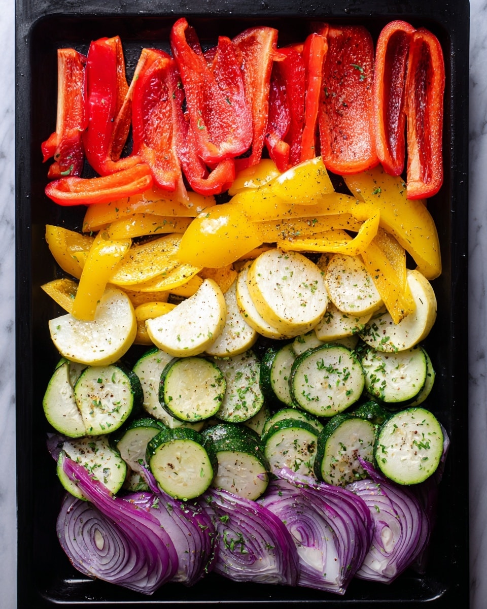 The image shows four layers of fresh vegetables arranged neatly on a black tray. The top layer is bright red bell pepper strips with a shiny, slightly oily texture. Below it, there is a layer of yellow squash slices, semi-circular and glossy with a light sprinkle of herbs. The third layer consists of green zucchini slices, cut into semi-circles with the skin showing and scattered with herbs. The bottom layer has purplish-red onion slices with visible layers and a matte texture, also sprinkled with herbs and a light shine of oil. The tray sits on a surface with a white marbled texture photo taken with an iphone --ar 4:5 --v 7