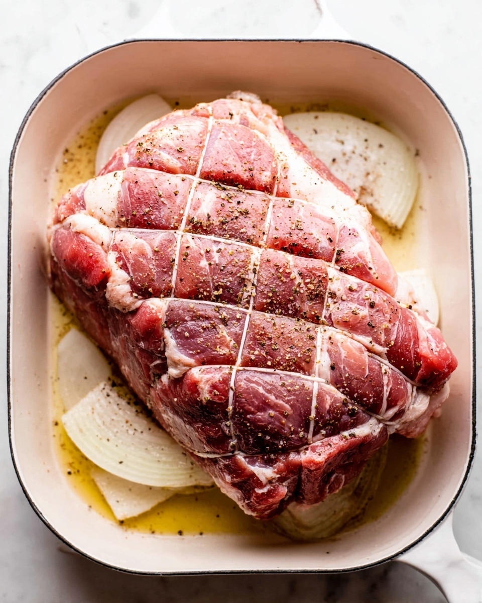 A large piece of raw meat with a thick fat layer on top is placed in a white pan. The fat layer is scored in a criss-cross pattern, showing diamond shapes, and is sprinkled with coarse salt and black pepper. Underneath the meat, there are visible slices of white onion soaking up some oil that pools slightly at the bottom of the pan. The meat has a rich pink color, contrasting with the creamy white fat and pale onion slices. The pan sits on a white marbled surface, creating a clean and bright background. Photo taken with an iphone --ar 4:5 --v 7
