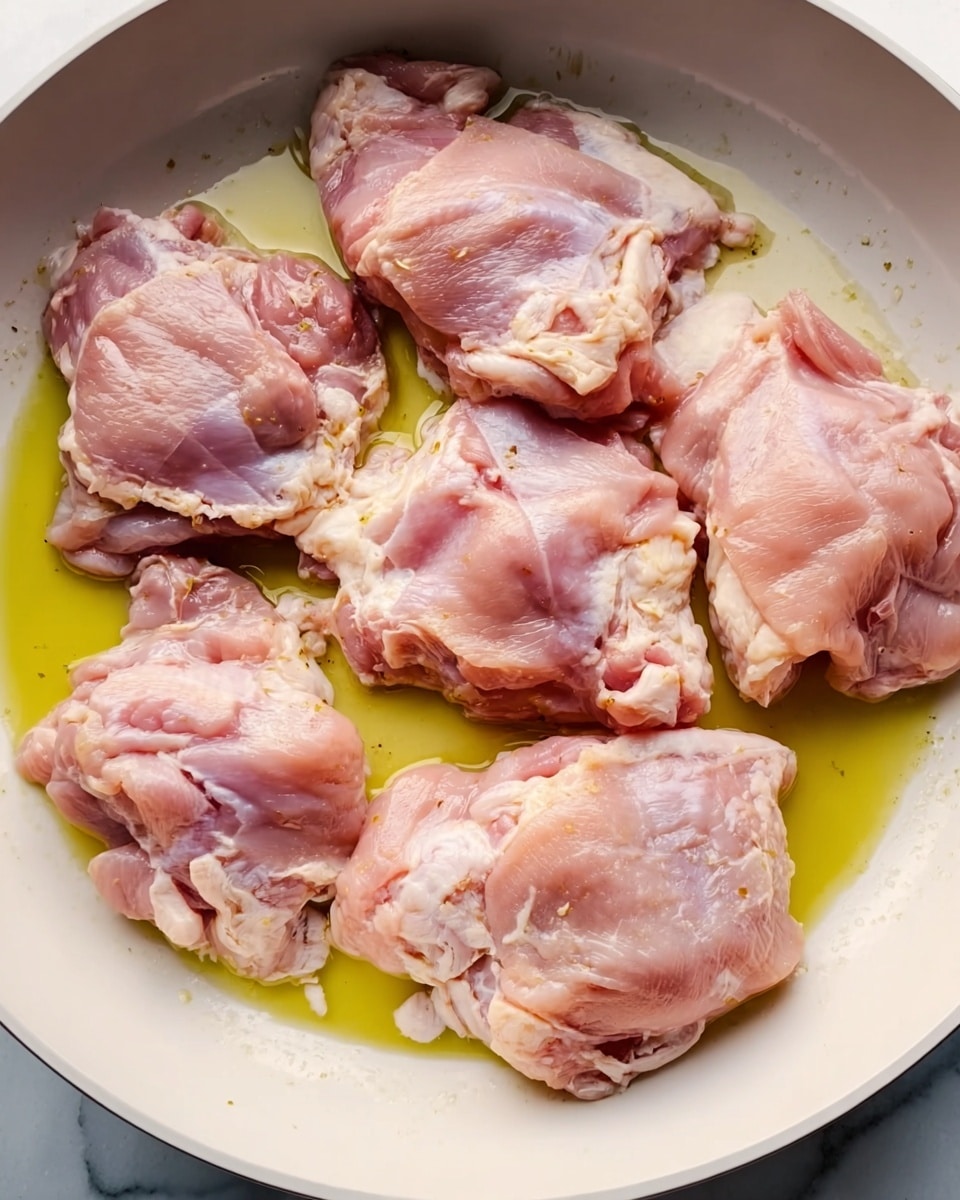 The image shows five pieces of raw pink chicken thighs placed inside a white frying pan with a light shine of yellow cooking oil underneath them. Each piece of chicken has a mix of pink flesh and small patches of white fat, with slightly uneven edges. The chicken pieces are arranged spread out in the pan, some overlapping partly. The background surface is a white marbled texture. Photo taken with an iphone --ar 4:5 --v 7