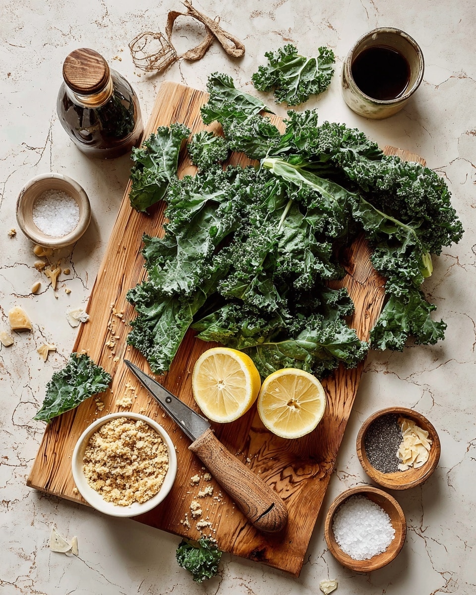 The image shows a wooden cutting board placed on a white marbled surface. On the board, there is a pile of dark green curly kale leaves spread out unevenly, with a knife resting on top of the kale on the right side of the board. Near the center, two lemon halves sit next to each other, one cut side up showing its juicy inside and one pressed flat as if already squeezed. To the left of the lemon, a wooden citrus reamer rests diagonally. At the bottom left corner of the board, a small white bowl filled with golden brown bread crumbs is visible, with some crumbs scattered on the board around it. Surrounding the cutting board on the white marbled surface, there are small bowls containing coarse salt, ground black pepper, and light brown flakes that look like shaved cheese. A bottle with a dark brown liquid and a small cup with a darker liquid sit near the top left. The whole scene is rustic, simple, and ready for cooking. photo taken with an iphone --ar 4:5 --v 7
