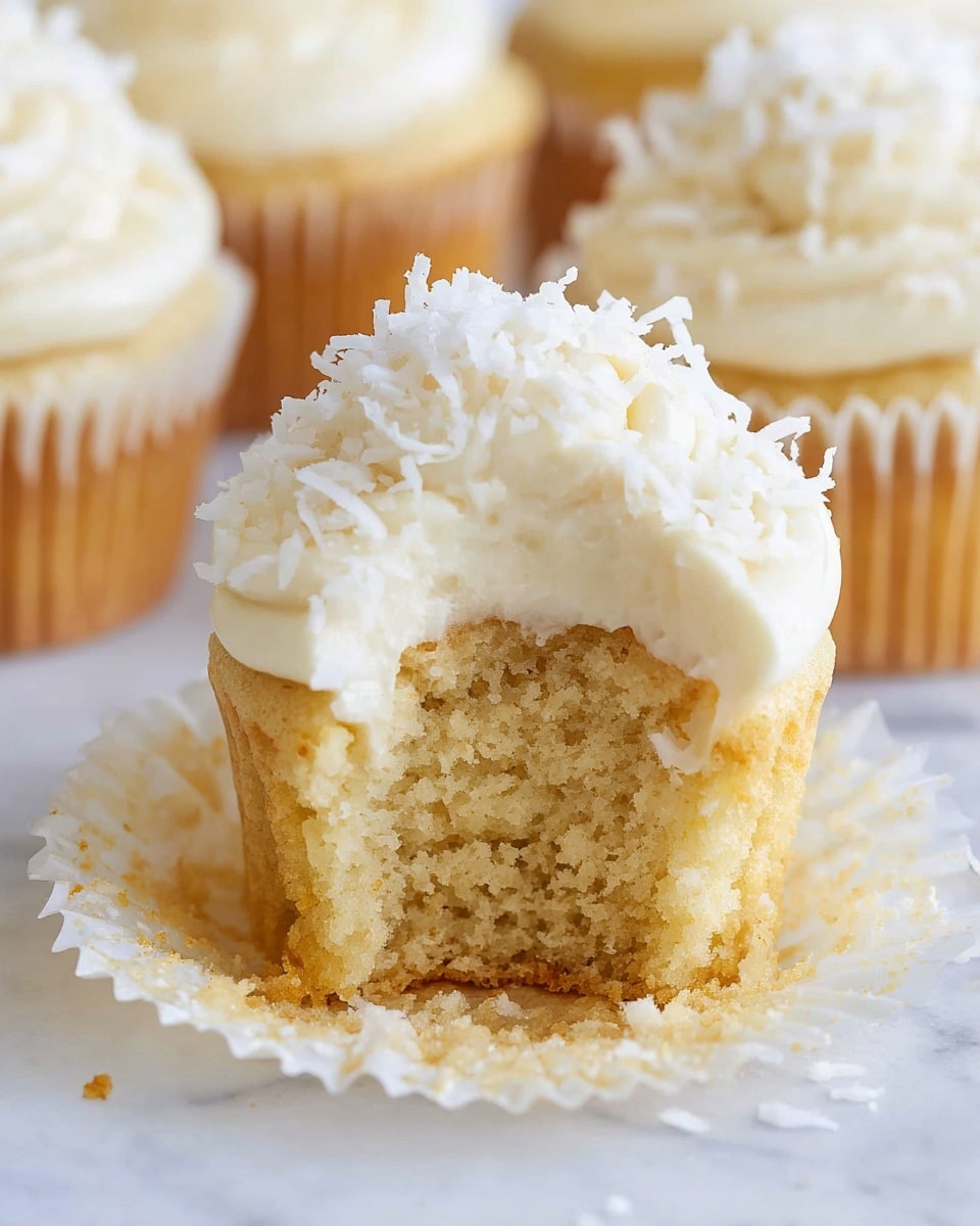 A vanilla cupcake with a light golden brown base showing a soft, crumbly texture, with the white cupcake liner peeled down around it. On top, there is a thick layer of creamy, off-white frosting, decorated with white shredded coconut sprinkled generously. The cupcake has a bite taken from the front, exposing the moist interior crumb. More similar cupcakes are blurred in the background on a white marbled surface. Photo taken with an iphone --ar 4:5 --v 7