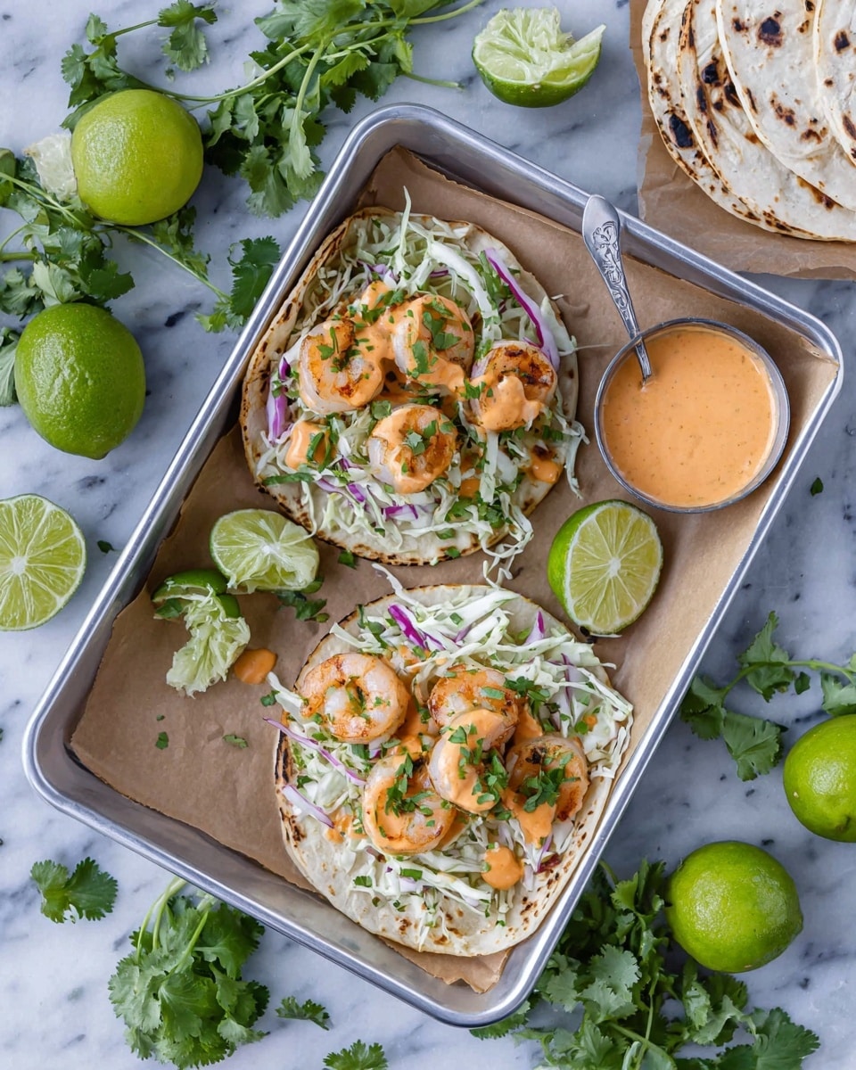 Two small tacos sit side by side in a silver tray lined with brown parchment paper. Each taco has a white tortilla base, slightly charred, topped with a layer of thin shredded white cabbage mixed with thin slices of purple onion. On top of the cabbage, there are about five pieces of cooked shrimp with a light golden color. The shrimp are covered with an orange creamy sauce and sprinkled with chopped green cilantro and green onions. Two lime wedges are placed in the corner of the tray near the tacos. A small round silver bowl with more orange sauce and a silver spoon rests next to the tacos on the parchment. Around the tray on a white marbled surface are fresh whole and halved limes and sprigs of green cilantro. A stack of white tortillas with char marks sits nearby. Photo taken with an iphone --ar 4:5 --v 7