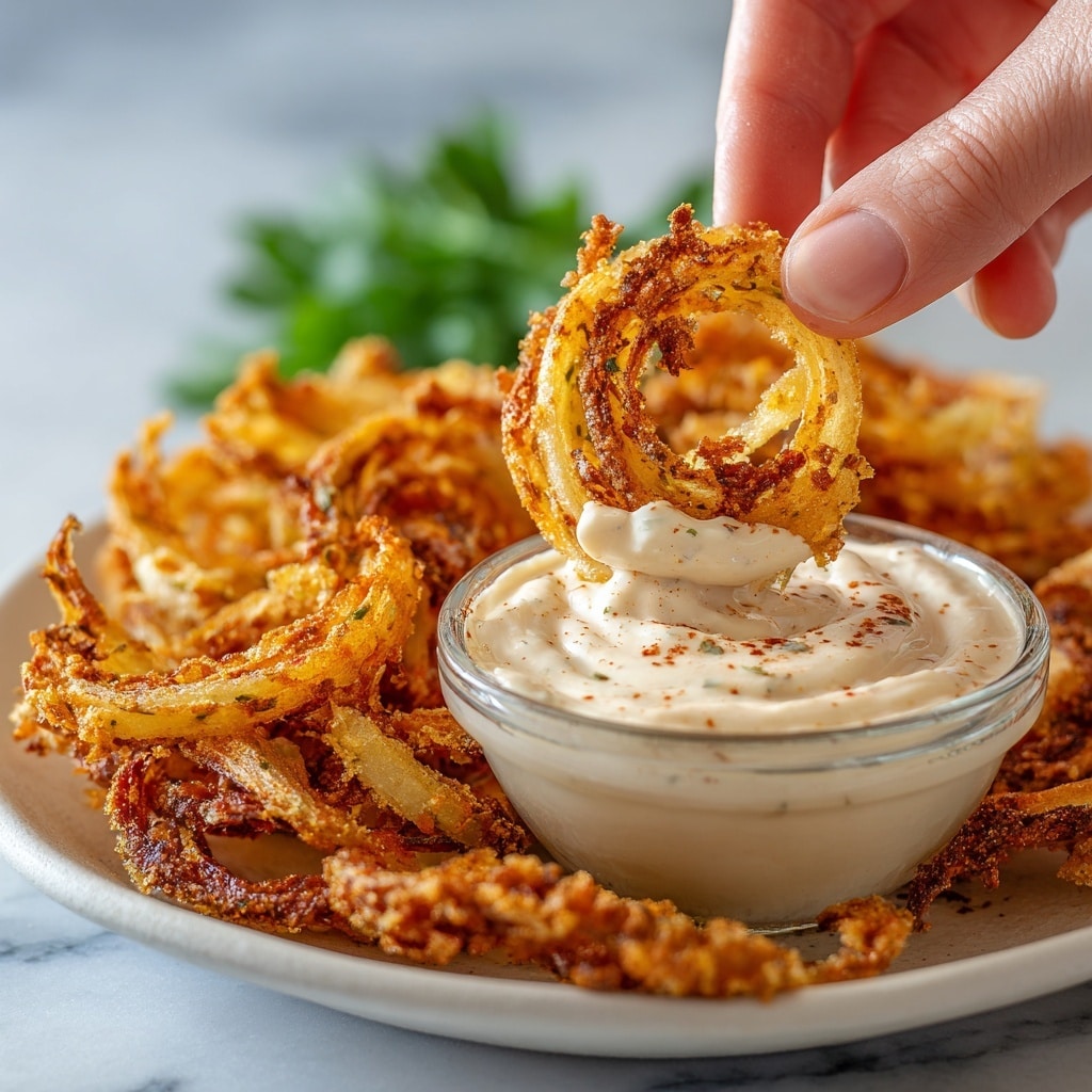 A close-up view of a woman's hand holding a golden-brown fried nugget being dipped into a small glass bowl filled with creamy off-white sauce with specks of red. Around the bowl and hand, there are many more golden, crispy nuggets spread on a white plate, resting on a white marbled surface. The background includes a blurred green leafy element, adding color contrast. photo taken with an iphone --ar 4:5 --v 7