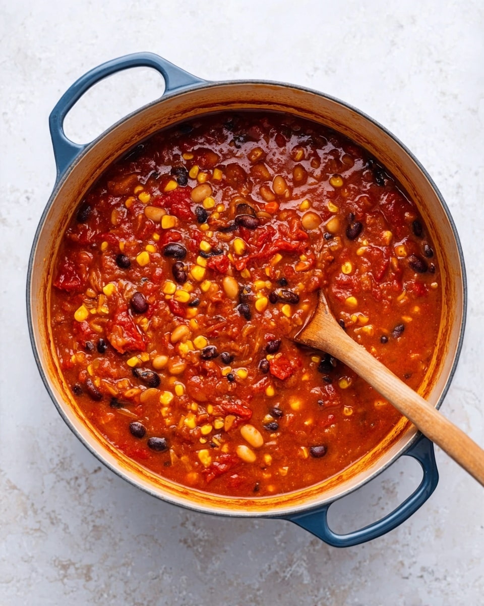 A top view of a blue pot filled with thick red chili, showing many visible ingredients like yellow corn kernels, black beans, white beans, and pieces of red tomato mixed into the sauce. A wooden spoon with a natural wood color rests in the pot on the right side, partially submerged in the chili. The pot has two handles, and it sits on a white marbled surface with a slightly textured background. The chili’s texture looks rich and chunky with a smooth tomato base photo taken with an iphone --ar 4:5 --v 7