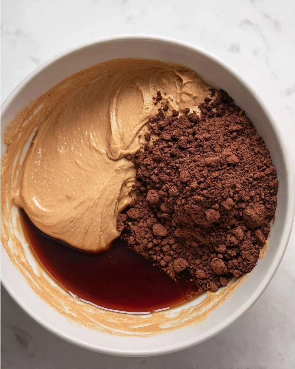 Inside a white bowl on a white marbled surface, there are three main layers of ingredients. On the left side near the bowl’s edge, there is a thick, creamy light brown layer that looks smooth and soft. Next to it, on the right, there is a mound of dark brown cocoa powder with a powdery texture. Surrounding these two layers, towards the bottom and right, is a dark reddish-brown liquid that looks wet and slightly glossy. Photo taken with an iphone --ar 4:5 --v 7