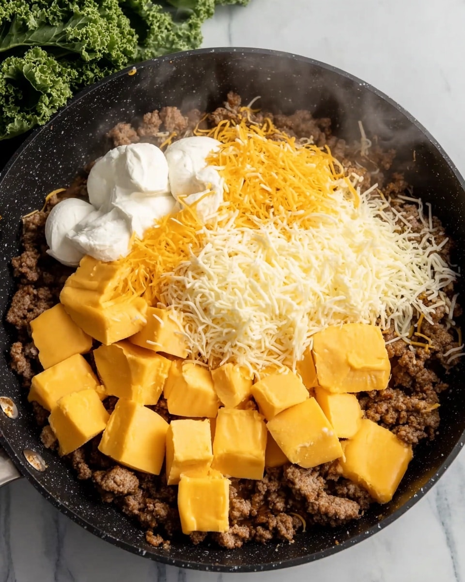 The image shows a black pan filled with three main layers of food. The bottom layer consists of browned ground meat with a crumbly texture and uneven surface, mostly visible around the edges. The middle layer is made up of large cubes of bright yellow cheese, slightly soft and melting at points where they touch the meat. On top, there are several dollops of white cream cheese and a pile of shredded yellow and white cheese with fine, thin strands, centered in the pan. Some steam rises gently from the food, indicating it is hot. In the top left corner, some green leafy herbs are partially visible on a white marbled surface. photo taken with an iphone --ar 4:5 --v 7