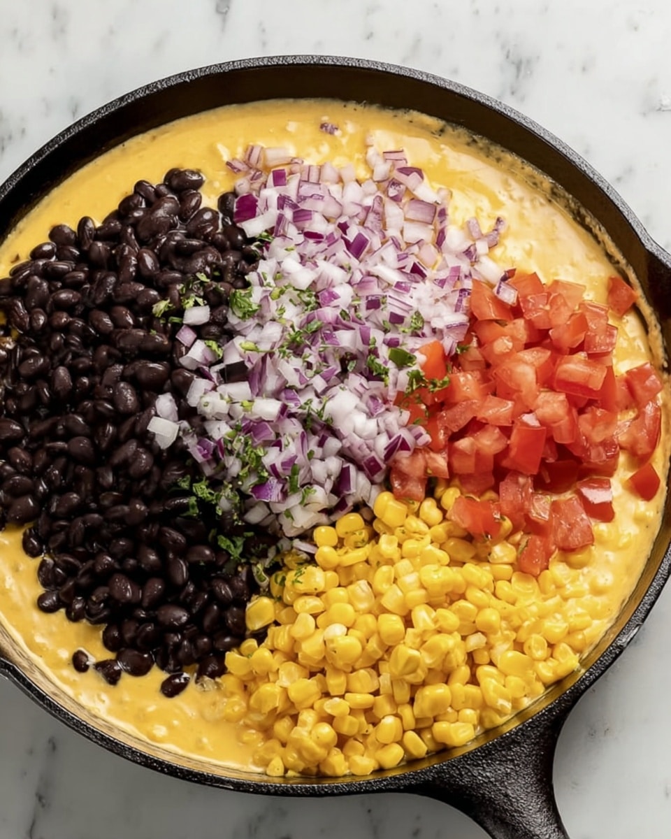The image shows a black cast iron skillet filled mostly with creamy yellow cheese sauce at the bottom layer. On top of this layer, four separate piles of toppings are placed closely together covering the sauce in a rough circle shape. Starting from the left, there is a mound of black beans with a shiny and smooth texture. Next to the beans, finely chopped purple and white onions create a colorful, slightly translucent layer. To the right, bright red diced tomatoes add a fresh, juicy look. At the bottom right, vibrant yellow corn kernels form the last layer, contrasting well with the other toppings. The skillet rests on a white marbled surface. Photo taken with an iphone --ar 4:5 --v 7