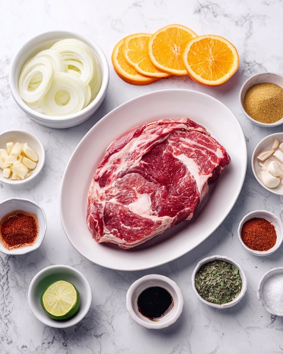 A large piece of raw red meat with white marbling is placed on a white oval plate at the center. Surrounding it are small bowls and glasses with various ingredients in them: sliced white onions in a white bowl at the top left, orange slices in a white bowl near the bottom left, and chopped garlic in a white bowl on the right side. Other small containers hold red spices, brown powder, dried herbs, salt, lime wedges, and dark sauces. The whole setup rests on a white marbled surface, giving a clean and fresh look. photo taken with an iphone --ar 4:5 --v 7