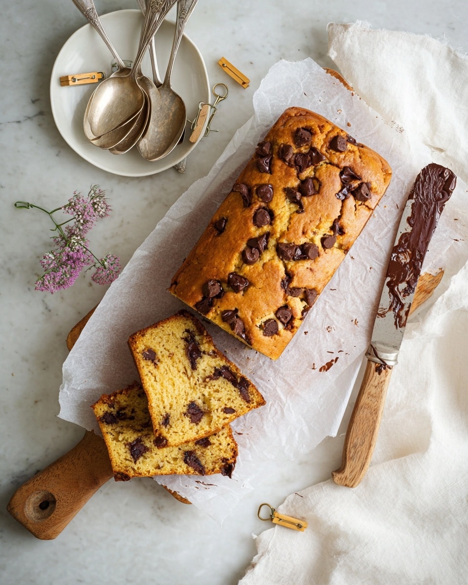 A rectangular loaf of chocolate chip bread sits on a wooden cutting board covered partly with white parchment paper, with a cracked top scattered with shiny dark chocolate chips. Four thick triangular slices lie in front of the loaf, showing a dense golden inside dotted with melted chocolate chips. To the right, a large knife with chocolate smudges is placed on white parchment paper. In the top left corner, a white plate holds three metal spoons with ornate handles, and two small wooden clips rest above the board. A soft white cloth is loosely folded on the white marbled surface beneath, with a small bouquet of tiny purple flowers visible in the bottom left corner. photo taken with an iphone --ar 4:5 --v 7