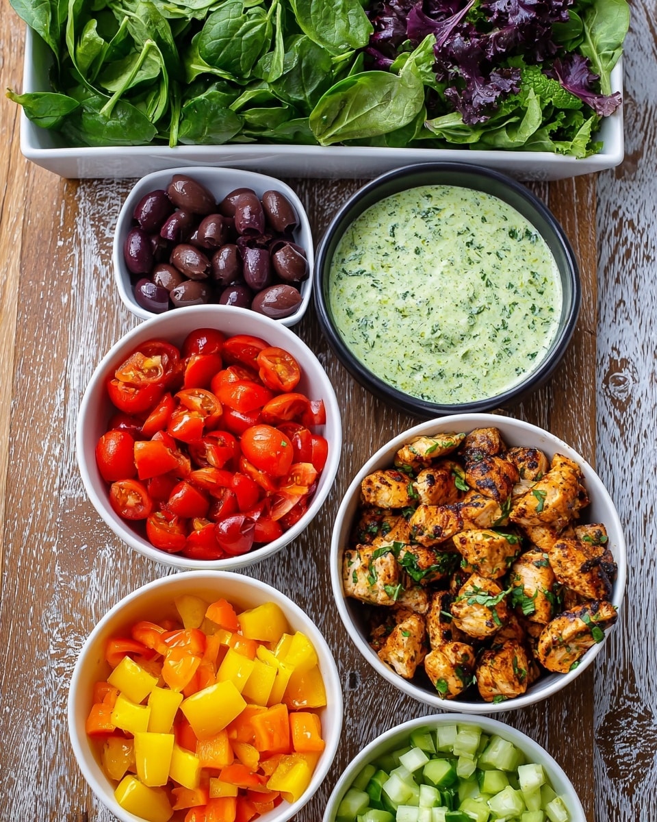 The image shows seven white bowls and a container arranged on a wooden surface with a white marbled texture. The top container holds fresh green leafy spinach and mixed greens with deep purple leaves. Below, starting from the left, there's a white bowl filled with dark purple sliced olives, next to it a black bowl with a creamy green herb sauce with tiny green flecks. On the right side, there is a white bowl with chopped bright green cucumber pieces and below that, another white bowl with vibrant red halved cherry tomatoes. Moving left, there is a white bowl filled with diced orange bell peppers, below that a white bowl with yellow diced bell peppers, and finally, on the bottom right corner is a white bowl piled with grilled golden-brown chicken pieces with green herb flecks. The bowls and container are neatly placed, showing fresh and colorful vegetables and grilled chicken, with the photo taken with an iphone --ar 4:5 --v 7
