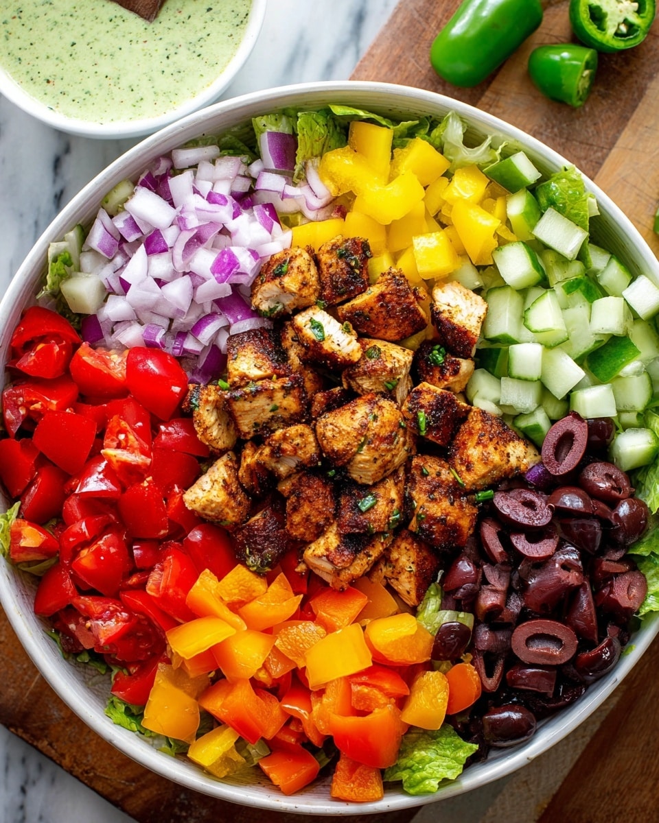 A large white bowl filled with colorful layered salad ingredients. At the bottom, there is a base of green leafy lettuce. On top of the lettuce, there are six distinct layers arranged in sections: diced red tomatoes at the bottom left, chopped bright orange bell peppers above the tomatoes, finely chopped purple onions next to the peppers, chopped yellow bell peppers beside the onions, cubed light green cucumbers on the top right, and sliced dark purple olives at the bottom right. In the center is a pile of grilled golden-brown chicken pieces with visible char marks and bits of herbs. In the background, there is a small white bowl containing green salad dressing, and a few green jalapeno peppers are scattered on a white marbled surface. Photo taken with an iphone --ar 4:5 --v 7