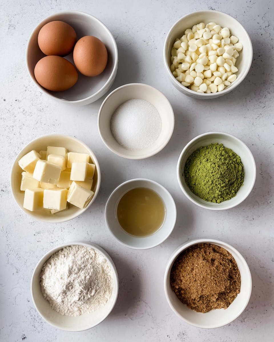 The image shows nine small white bowls arranged neatly on a white marbled surface. The top row has three bowls: the left one with three brown eggs, the middle filled with white chocolate chips, and the right containing a small amount of white powder. The second row includes a bowl of pale yellow butter cubes on the left, a bowl of green matcha powder in the center, and a bowl of light brown liquid on the right. The bottom row contains a bowl of white granulated sugar on the left, a bowl of white flour in the center, and a bowl with packed brown sugar on the right. All bowls are clean and the ingredients are clearly visible, creating a balanced and colorful layout. photo taken with an iphone --ar 4:5 --v 7
