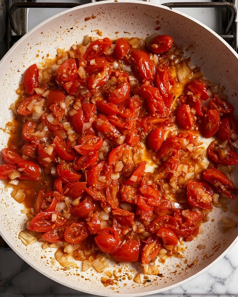 The image shows a white frying pan filled with cooked tomatoes and onions. The tomatoes are soft, red, and broken down, scattered evenly around the pan. The onions are chopped finely and mixed well with the tomatoes, adding some white and translucent bits throughout. The sauce appears slightly thick, with a shiny texture and a mix of red and orange colors. The pan edges show some sauce splatters, and the pan itself sits on a stove with parts of the burners visible. The background is a white marbled surface. Photo taken with an iphone --ar 4:5 --v 7