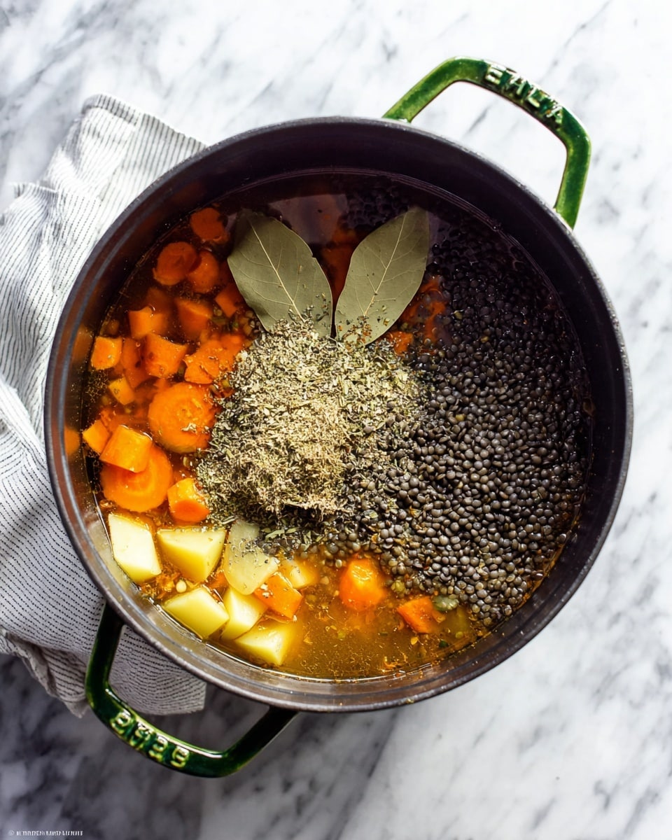 The image shows a dark pot with green handles filled with cooking ingredients. Inside, there is a clear brown broth with chopped orange carrots and pale yellow potato pieces at the bottom. On the right side, there is a pile of black lentils layered thickly, with a mound of light brown dried herbs in the center. Two large dried bay leaves rest on top of the herbs. The pot is placed on a white marbled surface with a white and gray striped cloth underneath one side. Photo taken with an iphone --ar 4:5 --v 7