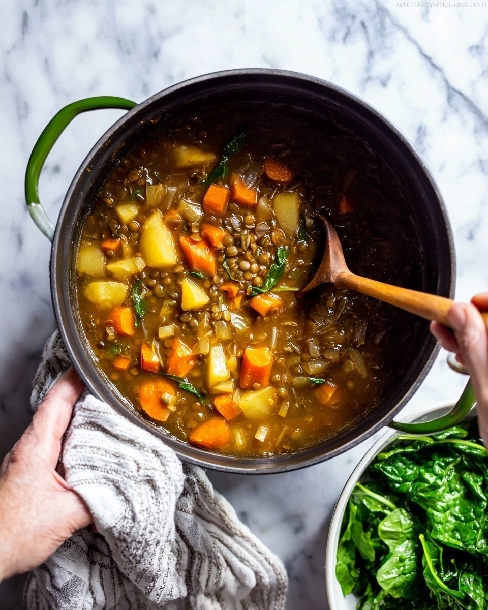A pot filled with thick soup that has several visible layers of cooked vegetables including orange carrots, light yellow potatoes, translucent onions, and brown lentils, all mixed in a dark brown broth. A woman's hand is holding a wooden spoon stirring the soup in the black pot with green handles. Another woman's hand is holding the pot wrapped with a striped cloth on one side. To the right side, there is a white bowl filled with fresh dark green leafy vegetables. The whole scene is set on a white marbled textured surface. photo taken with an iphone --ar 4:5 --v 7