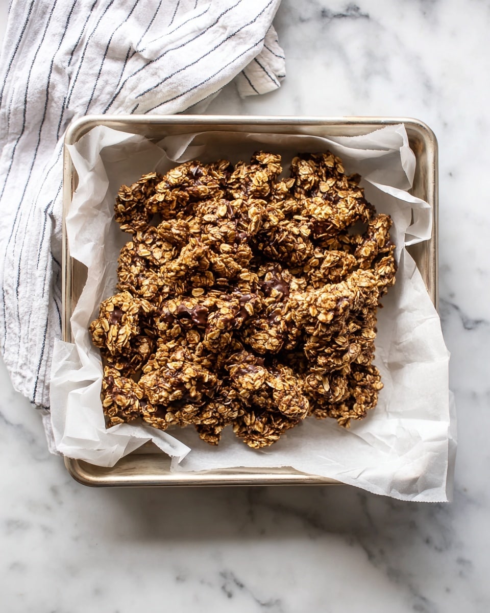 A square metal tray lined with white parchment paper holds an uneven pile of oat clusters mixed with chocolate. The oat clusters are light brown and rough in texture, with some areas showing darker chocolate streaks mingled through them. The clusters are chunky and irregularly shaped, piled in the center of the tray. The tray rests on a white marbled surface, next to a white cloth with thin black stripes. Photo taken with an iphone --ar 4:5 --v 7
