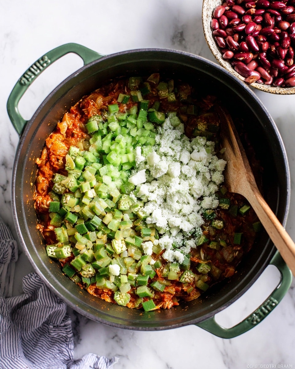 A large dark green pot with black inside is placed on a white marbled surface with a wooden spoon resting inside it on the right. Inside the pot, at the bottom, there is a cooked mix of finely chopped green bell peppers and onions with an orange-red sauce. On top of this layer, there is a fresh layer of frozen okra pieces, light green with ice crystals, and finely minced white garlic piled in the center. A bowl filled with red kidney beans is partially visible in the top right corner, and a white and blue striped cloth is near the bottom left of the pot. Photo taken with an iphone --ar 4:5 --v 7