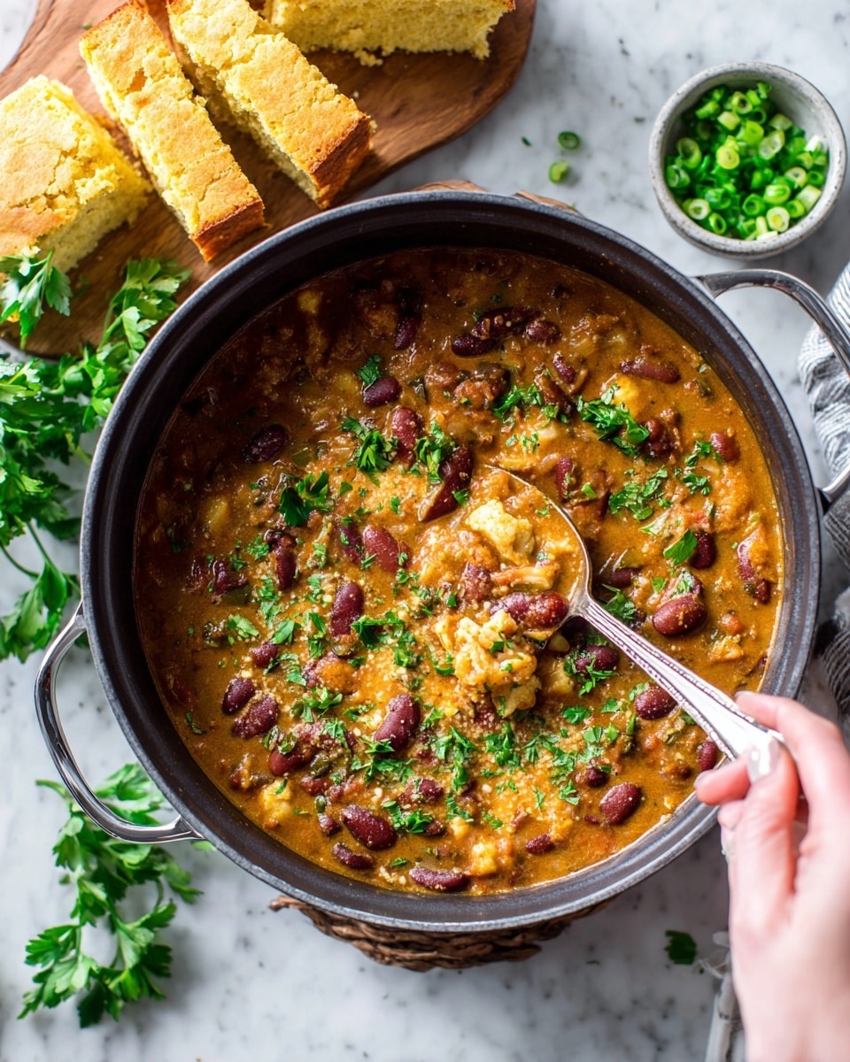 The image shows a dark pot filled with thick stew that has three main layers: the first layer is a rich orange-brown creamy sauce; the second layer is a mix of dark red kidney beans and chunks of light beige cauliflower; the top layer has scattered bright green parsley leaves. A woman's hand is holding a silver spoon in the stew. The pot is on a white marbled texture surface with some fresh parsley and chopped green onions nearby, along with a wooden board holding several pieces of light golden cornbread. Photo taken with an iphone --ar 4:5 --v 7