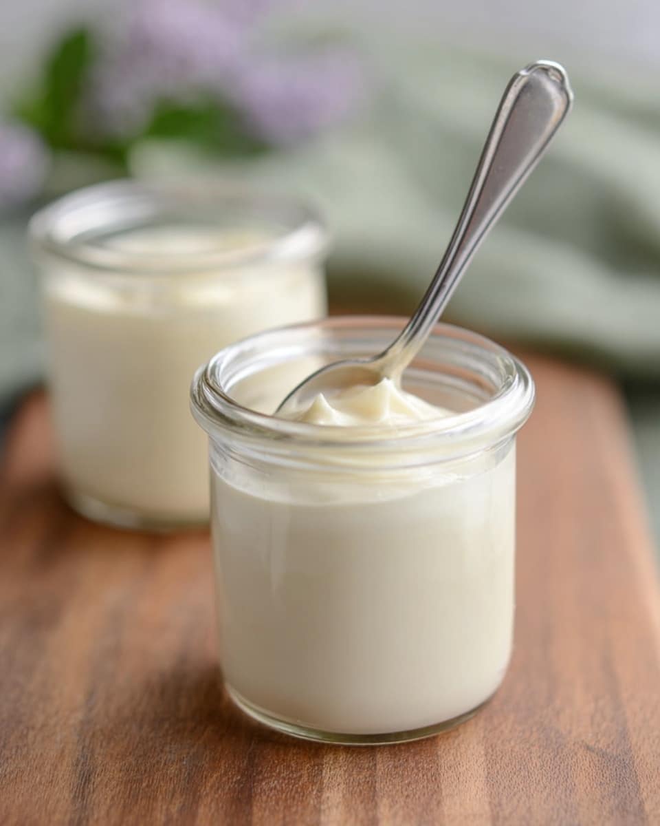 Two small clear glass jars filled with a smooth, creamy white pudding. One jar is in the front and has a scoop taken out from the top showing its soft texture, held by a metal spoon above the jar. The other jar is behind it, fully filled with the same creamy pudding. In the background, there are soft-focus light purple lilac flowers and green leaves lying on a white marbled surface under the jars. Photo taken with an iphone --ar 4:5 --v 7