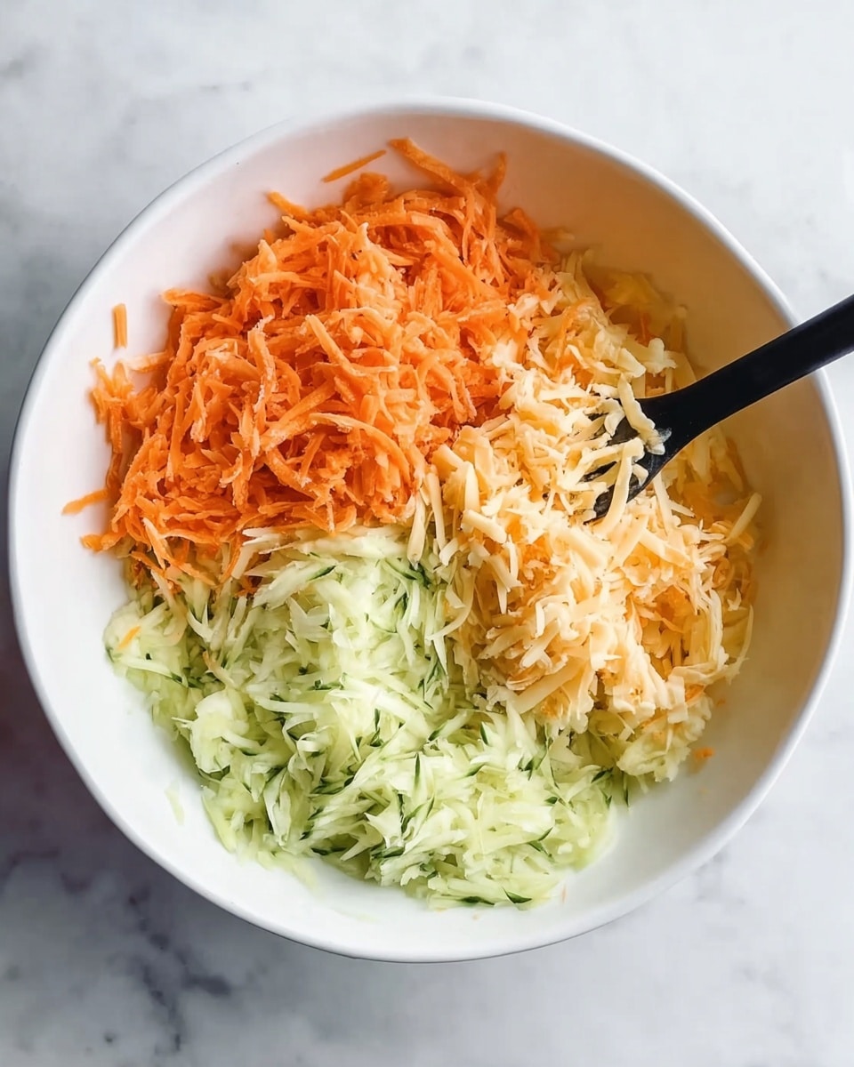 A white bowl on a white marbled surface holds three groups of finely shredded vegetables separated from each other. The top group is bright orange shredded carrots, the bottom right group is a pale orange shredded cheese, and the bottom left group is light green shredded cucumber. A black spoon is partially inside the bowl on the right side, touching the shredded cheese. The colors and textures of the vegetables and cheese stand out against the white bowl and surface. Photo taken with an iphone --ar 4:5 --v 7