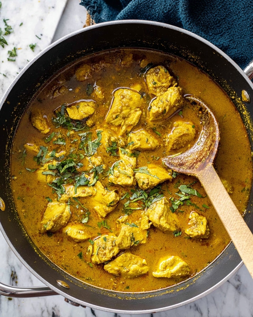 A close-up top view of a black cooking pot filled with a golden brown curry. The curry has many pieces of cooked chicken with a yellowish tint floating in a rich, thick sauce. Fresh green herbs are sprinkled on top, adding a fresh color contrast. A wooden spoon is partially dipped into the curry on the right side, showing some sauce and chicken. The pot is set on a white marbled surface with a dark blue cloth nearby. photo taken with an iphone --ar 4:5 --v 7