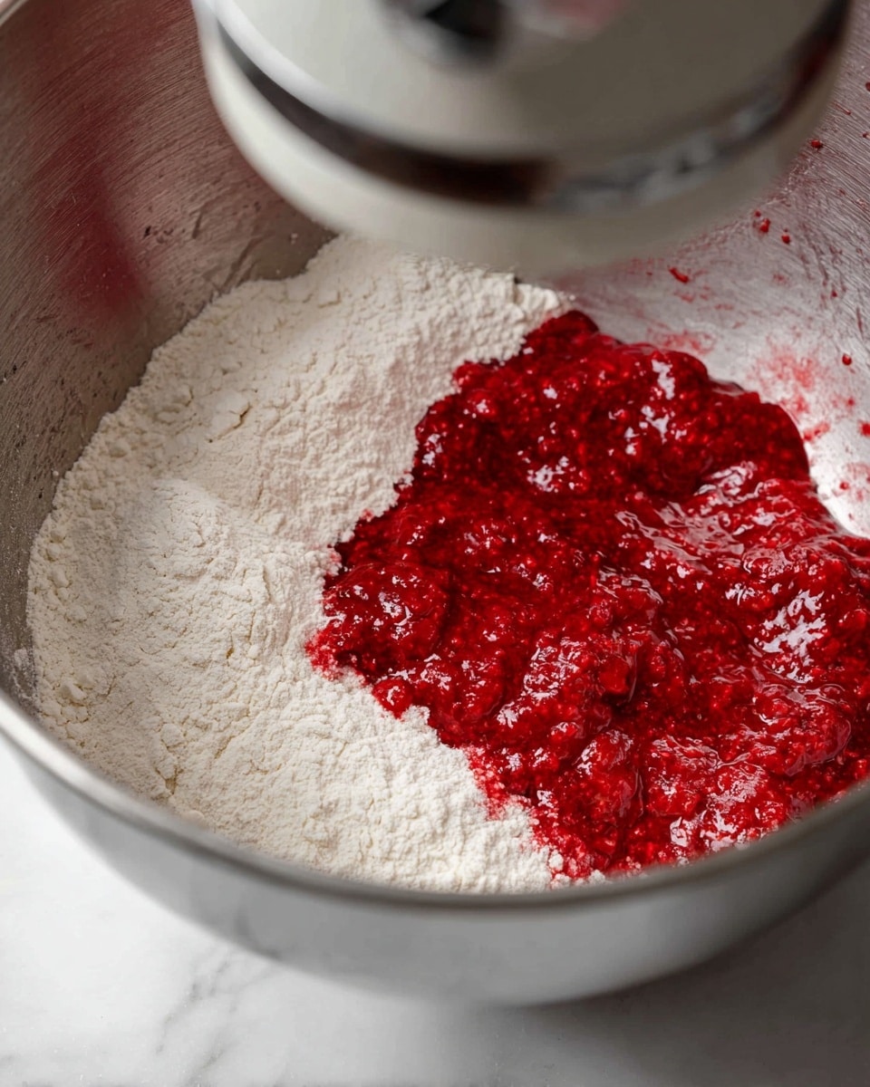 A silver metal mixing bowl sits on a white marbled surface, containing a mix of dry and wet ingredients. The bowl holds a heap of white flour on one side, while bright red fruit puree with visible chunks and a wet texture spills partially over the flour. The contrasting colors of the white flour and the vibrant red puree create a clear two-layer effect inside the bowl. The blurred top part of a kitchen mixer is visible above the bowl, indicating the mixing process. Photo taken with an iphone --ar 4:5 --v 7