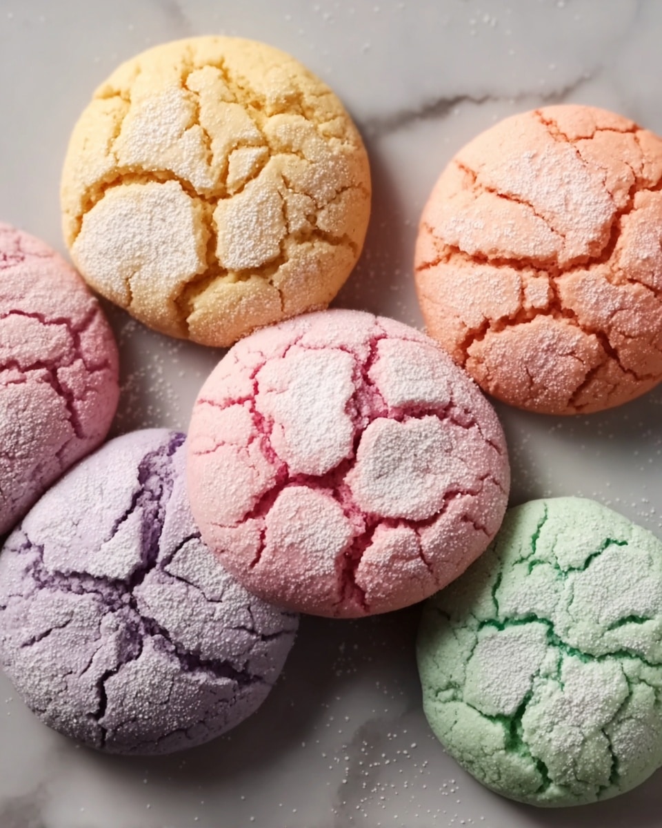 The image shows five round cookies in soft pastel colors placed on a white marbled surface. Each cookie has a cracked top with small ridges, showing a rough texture and powdered sugar dusted on them. The cookies come in light yellow, pink, light purple, soft green, and peach colors, each with deeper colored cracks contrasting their base color. The cracks run irregularly across the surface, giving them a rustic look. photo taken with an iphone --ar 4:5 --v 7