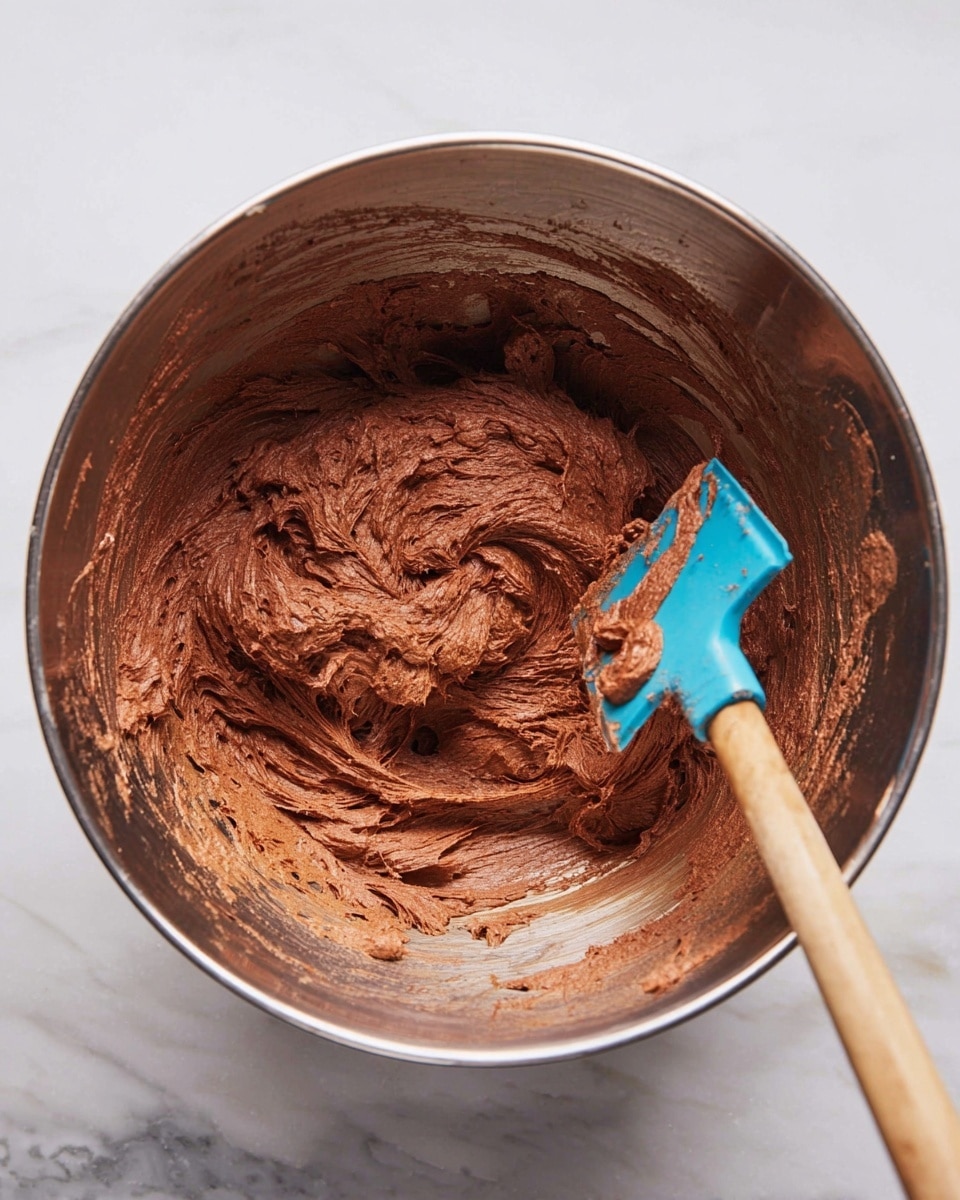 A metal bowl filled with thick, rich chocolate batter that has a light and fluffy texture, with swirls and peaks showing it was recently mixed. A blue rubber spatula with a wooden handle is stuck into the batter, partially coated with the same chocolate mixture. The inside edges of the bowl have smears of chocolate, showing the batter was gathered from the sides. The bowl sits on a white marbled surface. photo taken with an iphone --ar 4:5 --v 7