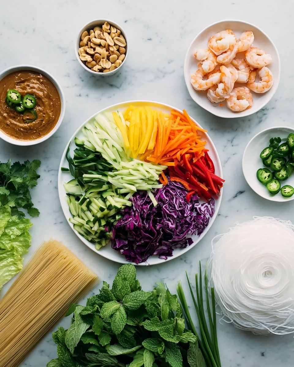 A white plate in the center holds five neat layers of thinly sliced vegetables: bright orange carrots, vibrant yellow mango, green cucumber sticks, deep red bell pepper strips, and shredded purple cabbage, all arranged in sections. To the right of this plate are three white bowls—one filled with small pink shrimp, one with brown peanut sauce smooth on top, and one with round rice paper sheets stacked. Below and near these bowls is a bundle of light beige rice noodles. On the left side, there are small white bowls with roasted peanuts and sliced green jalapeños. Around everything, green leafy vegetables like cilantro, romaine lettuce, green onions, and fresh mint sprigs are spread on a white marbled surface. The photo is taken with an iphone --ar 4:5 --v 7