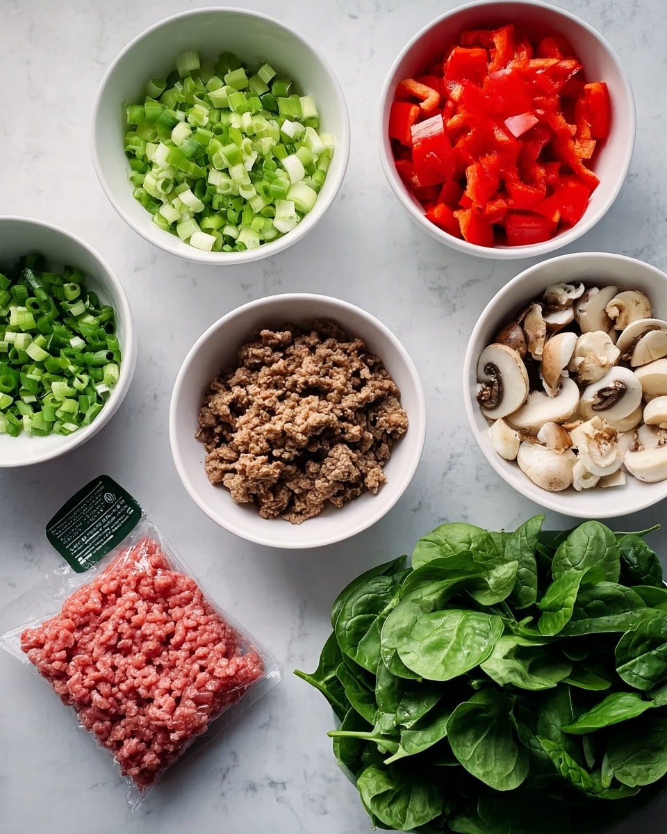 The image shows six different food items arranged on a white marbled surface. There are four white bowls containing chopped green onions, diced red bell peppers, minced garlic, and chopped mushrooms. A packet of raw ground meat is placed on the lower left side, and a bunch of fresh green spinach leaves is on the bottom right. The colors are bright, with the green, red, and brown ingredients contrasting well against the light background. photo taken with an iphone --ar 4:5 --v 7