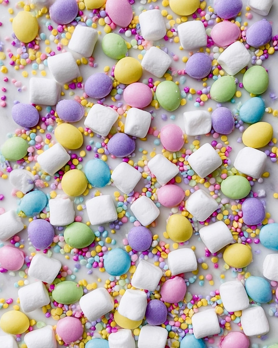 The image shows a close-up top view of a colorful mix of small marshmallows, pastel candy-coated chocolates in pink, yellow, green, purple, and blue, along with small white heart-shaped chocolates and tiny round sprinkles in yellow, blue, pink, green, and purple. The marshmallows are white and fluffy, creating a soft and uneven texture base. The candy pieces are scattered evenly across the surface, adding bright splashes of color and a smooth, shiny texture. The tiny round sprinkles fill in the gaps between the larger pieces, giving a playful and festive look. The whole arrangement sits on a white marbled surface, enhancing the soft and light colors of the sweets. photo taken with an iphone --ar 4:5 --v 7