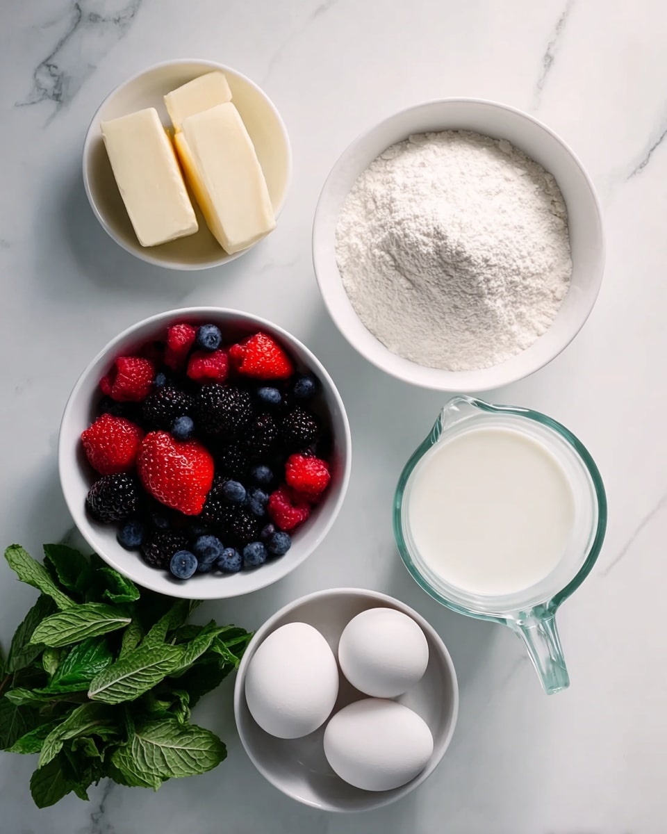 The image shows six bowls and a bunch of fresh green mint leaves on a white marbled surface. The top left bowl holds two sticks of pale yellow butter. To its right, a white bowl is filled with white flour, slightly rough in texture. Below the flour, a clear glass measuring cup contains white milk, and next to it on the right corner are the bright green mint leaves. At the bottom center, a white bowl holds three white eggs with smooth shells. On the bottom left, another white bowl is filled with mixed berries, including dark blackberries, red raspberries, large red strawberries, and small blue blueberries, offering a colorful contrast to the other ingredients. Photo taken with an iphone --ar 4:5 --v 7