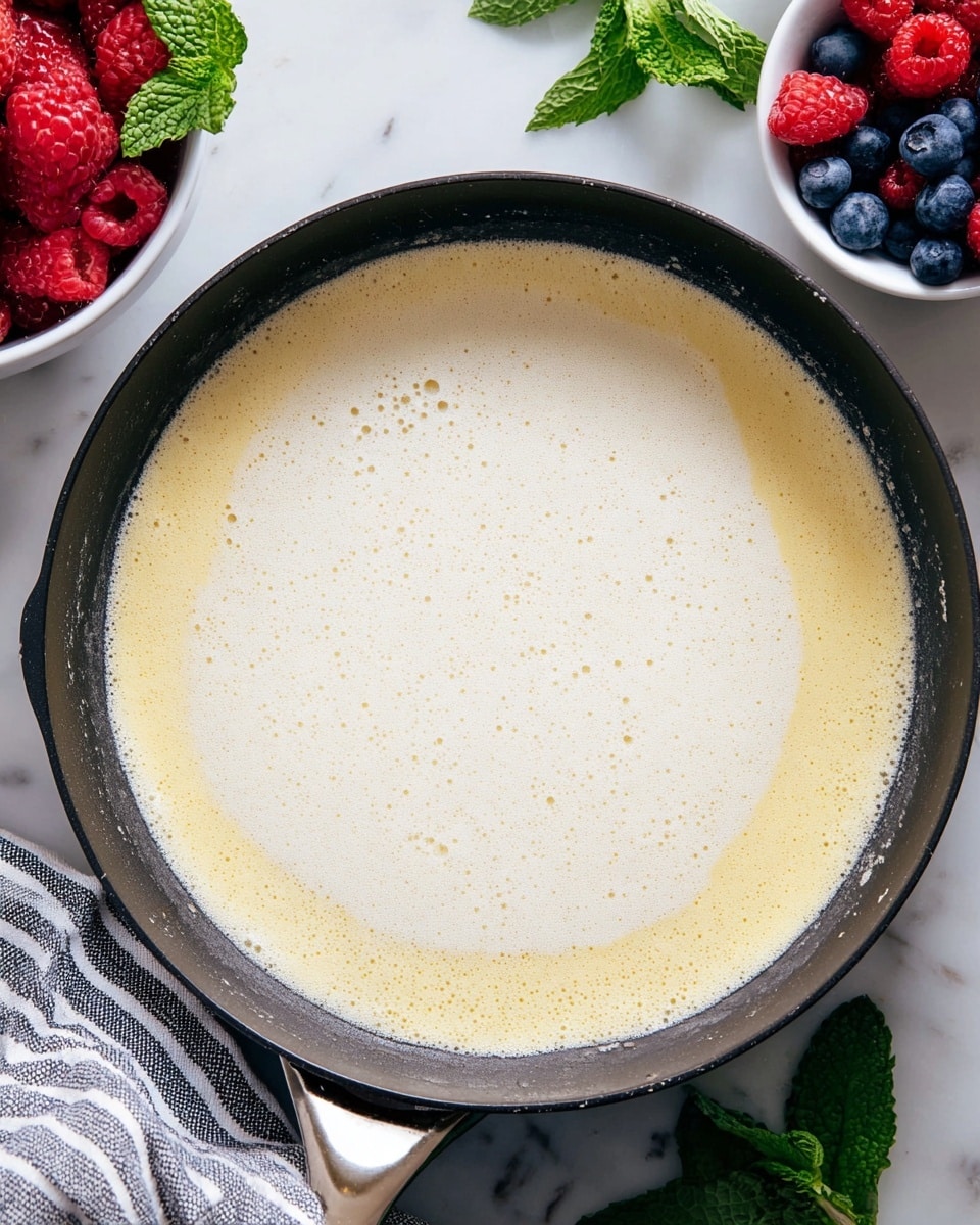 A black skillet sits on a white marbled surface with two distinct layers inside it; the bottom layer is a smooth, thick yellow mixture around the edges, while the top layer is a frothy, light cream-colored liquid that covers nearly the whole surface with a few bubbles scattered on top. Near the skillet, a white bowl with bright red raspberries and deep blue blueberries, along with fresh green mint leaves, adds a fresh touch. A gray striped cloth is partially visible next to the skillet. photo taken with an iphone --ar 4:5 --v 7