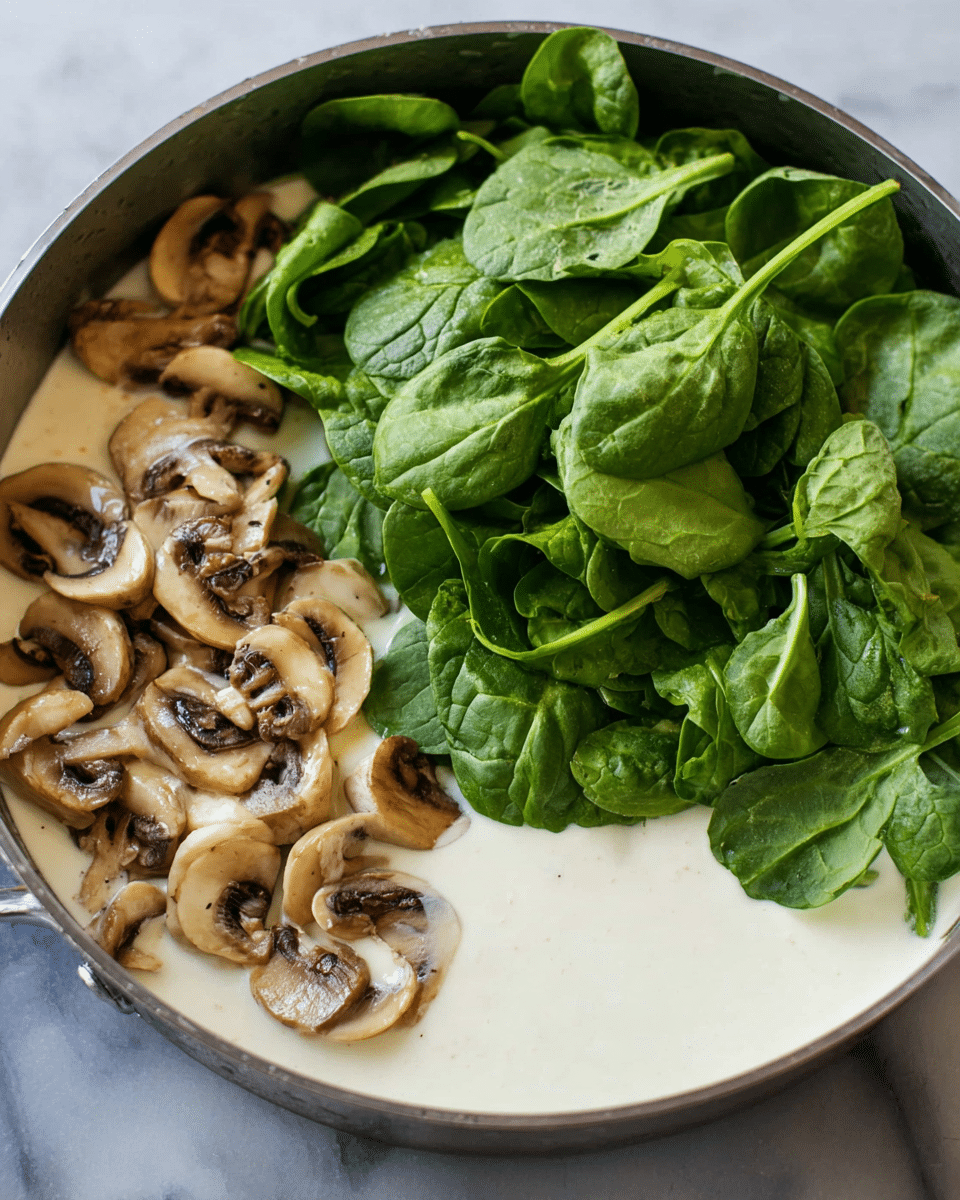 A metal pan holds a creamy white sauce as the base layer, covering the bottom evenly. On one side, there are cooked, light brown sautéed mushroom slices with a slightly shiny surface, showing a tender texture. On the other side, fresh, vibrant green spinach leaves with visible veins and a slightly crinkled texture are placed, piled loosely on top of the sauce. The background shows a white marbled texture. photo taken with an iphone --ar 4:5 --v 7