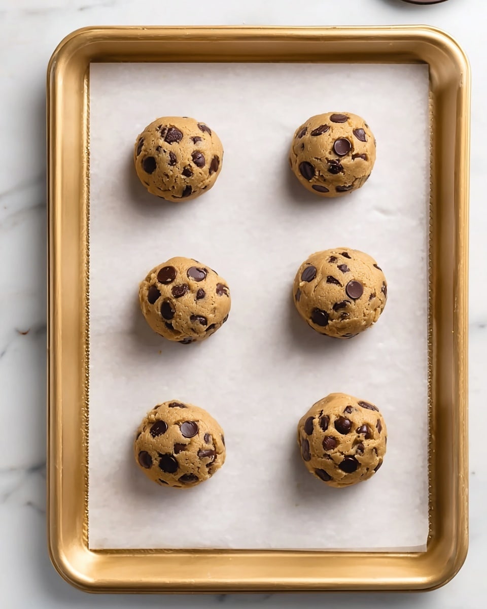 The image shows six round cookie dough balls placed evenly on a parchment-lined gold baking tray. Each dough ball is light brown with dark chocolate chips embedded on top and throughout. The dough balls are arranged in two vertical columns with three rows, leaving space between each. The background surface is white marble. Photo taken with an iphone --ar 4:5 --v 7