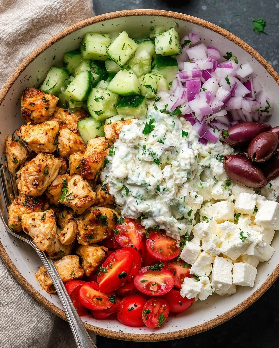 A white bowl with a brown rim holds six different food sections carefully placed side by side. Starting from the left, there are small, golden brown cooked chicken pieces with green herbs scattered over them. Next to the chicken, fresh cucumber chunks show bright green skin and pale green inside, cut into small cubes. In the center of the bowl is a creamy white sauce mixed with small pieces of cucumber and sprinkled with finely chopped green herbs. To the right of the sauce, there are finely chopped red onions showing white and purple layers. Beside these, dark purple sliced olives add a rich contrast. Finally, the front right section shows soft, crumbly white cheese, set next to bright red cherry tomato halves with a fresh sprinkle of green herbs on top. A silver fork rests in the left side of the bowl. The bowl sits on a dark surface next to a soft beige cloth. Photo taken with an iphone --ar 4:5 --v 7