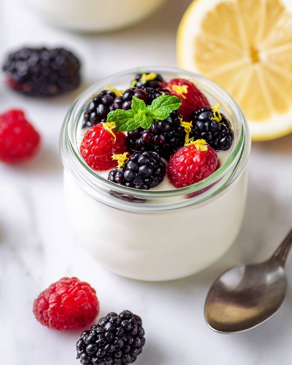 A small glass jar filled with a creamy white yogurt layer forms the base. On top, there are fresh blackberries and bright red raspberries evenly placed, creating a colorful contrast. A few small mint leaves rest in the center, adding a fresh green touch. Tiny yellow lemon zest bits are sprinkled over the berries for added detail. The jar sits on a white marbled surface alongside a few loose berries and half a lemon in the background. A silver spoon lies on the right side in the foreground. Photo taken with an iphone --ar 4:5 --v 7