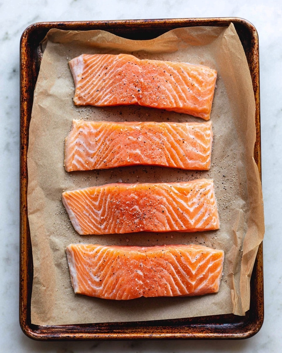 Four pieces of raw salmon fillet lie side by side on a single layer of light brown parchment paper placed in a baking tray. Each fillet is bright orange with fine white lines running across in a wavy pattern, and the surface is sprinkled with black pepper. The baking tray has a slightly dark golden-brown color with charred edges, contrasting with the fresh salmon. The whole setup rests on a white marbled surface. Photo taken with an iphone --ar 4:5 --v 7