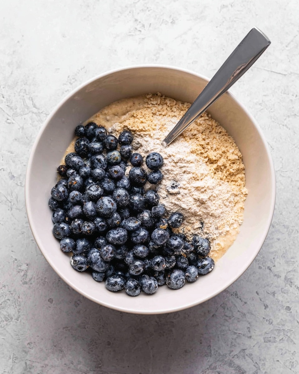 A white bowl sits on a white marbled surface, filled with three main layers. The bottom layer is a light beige batter with a smooth texture. On top of the batter is a layer of dry flour, pale brown and powdery, partly covering the batter. A large pile of dark blue, almost black, blueberries covers one side of the bowl, contrasting with the lighter colors beneath. A gray spatula with a metallic handle rests inside the bowl, its tip touching the batter near the flour and blueberries. Photo taken with an iphone --ar 4:5 --v 7