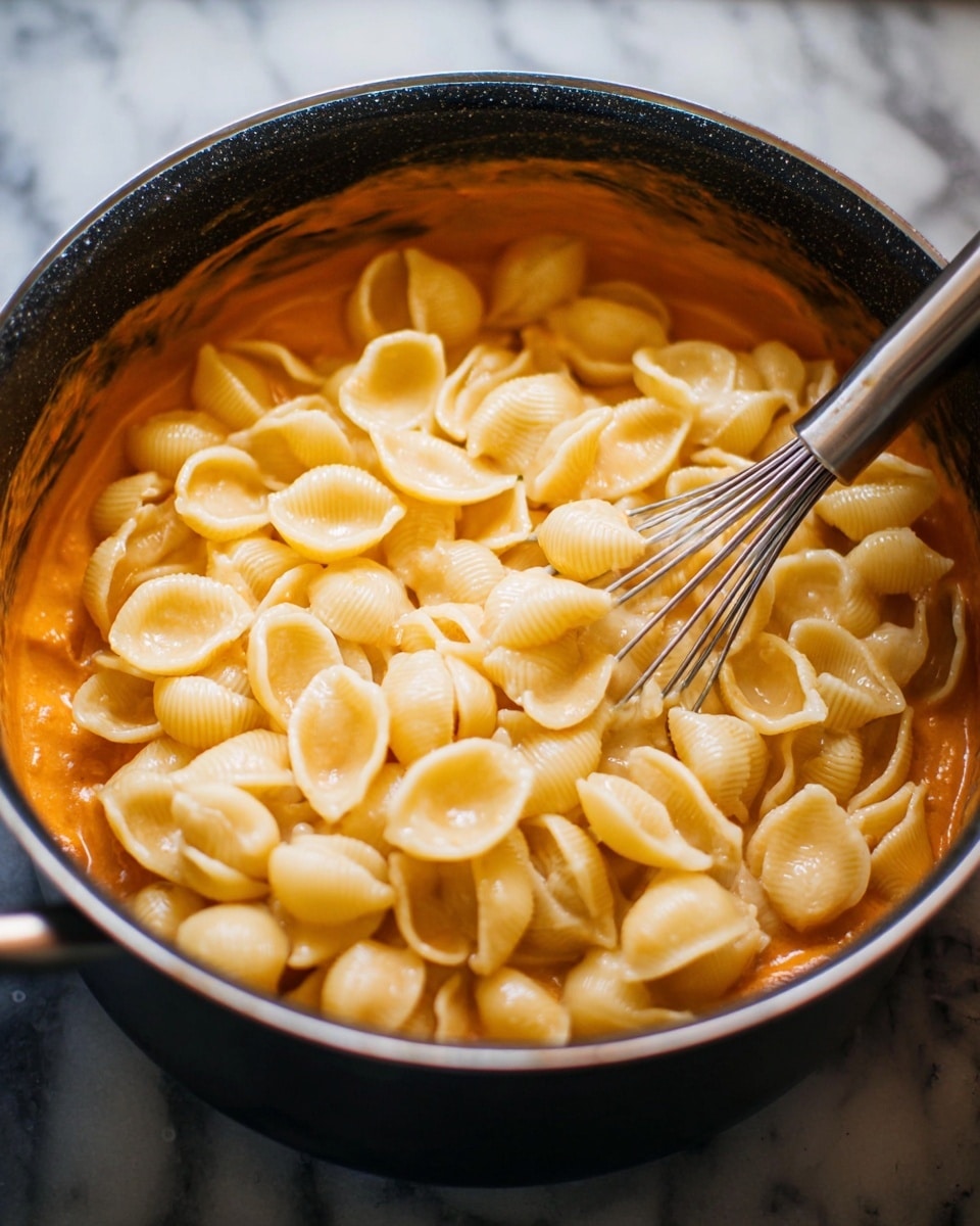 The image shows a close-up of a black pot with three main layers of food inside. The bottom layer is a thick orange sauce. Above it sits a large amount of small, pale yellow pasta shells with a smooth and slightly shiny texture. A silver metal whisk is inserted into the mix, partially covered by the pasta. The pot and contents are placed on a white marbled surface. Photo taken with an iphone --ar 4:5 --v 7