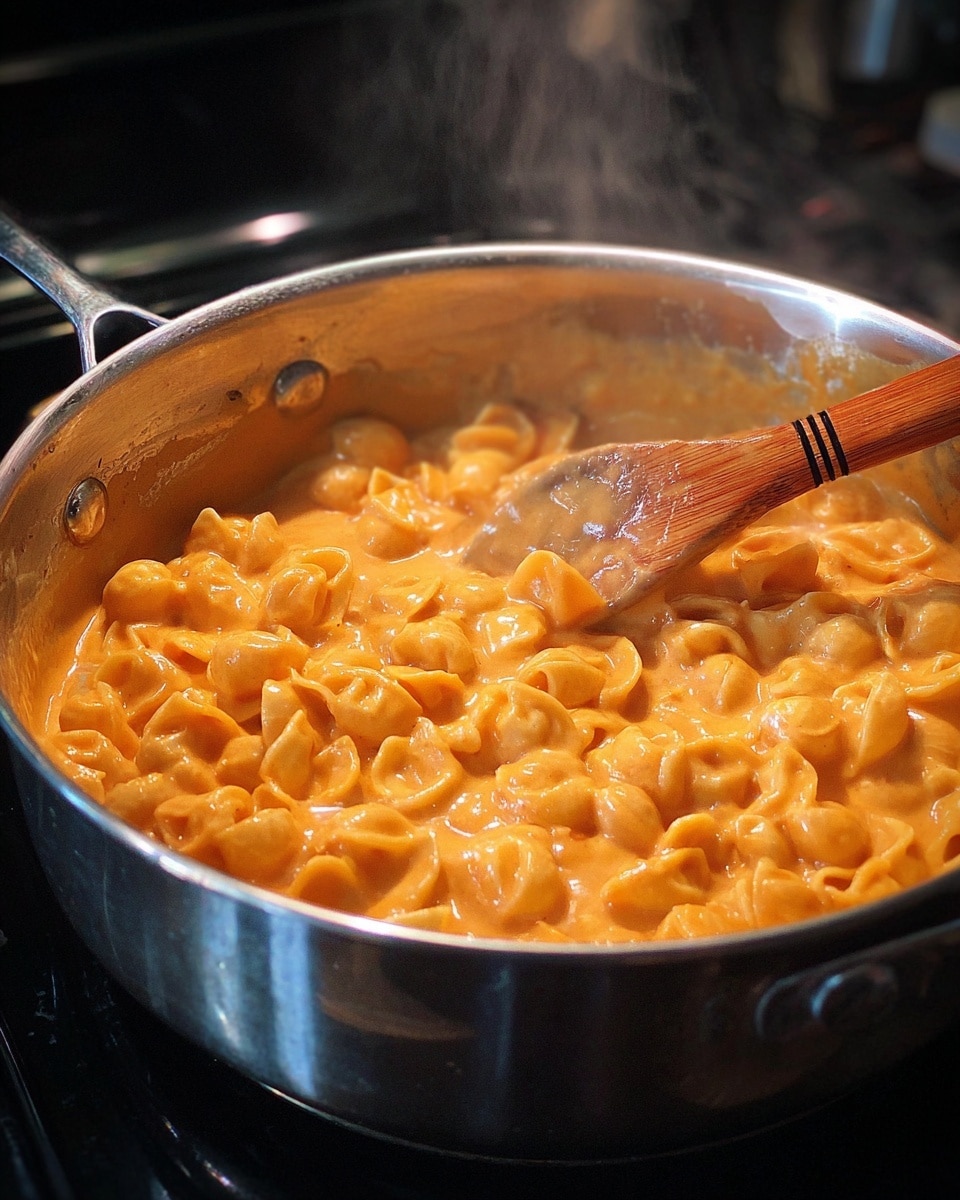 A shiny silver pot filled with a creamy orange sauce with many small round pasta pieces, stirred by a wooden spoon with a smooth texture and three dark rings near the handle end, steam rising gently from the hot dish. The pot sits on a dark stove top, and the sauce looks rich and thick, coating each pasta piece evenly. photo taken with an iphone --ar 4:5 --v 7