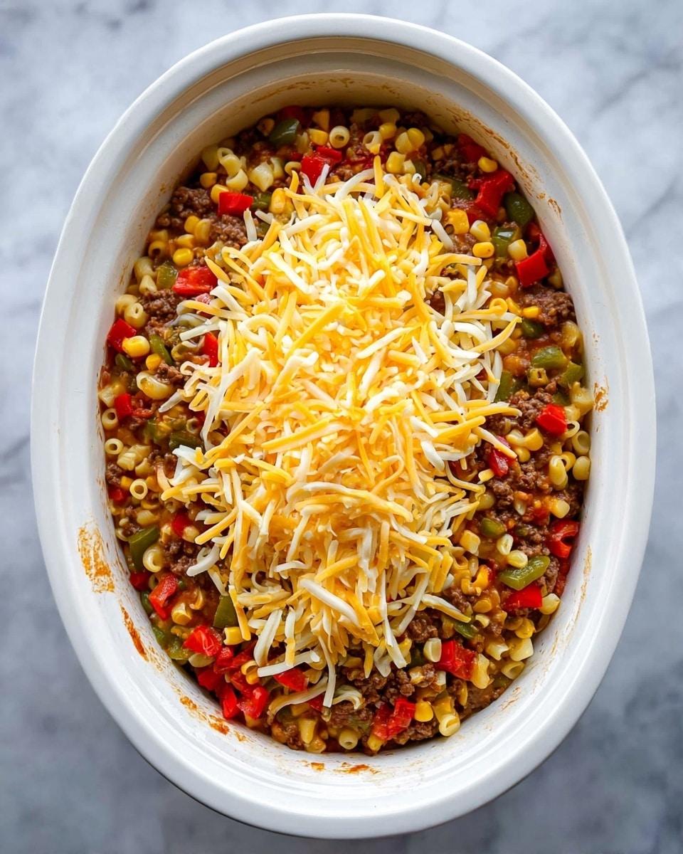 A white oval dish holds a layered casserole starting with a mixed base of small pasta shells, browned ground meat, diced red and green bell peppers, and corn, creating a colorful and textured layer full of yellow, red, green, and brown hues. On top of this mix, there is a generous mound of shredded yellow and white cheese in the center, adding a soft and stringy texture that contrasts with the chunkier ingredients below. The inside edge of the dish has some browned marks from cooking. The dish is placed on a white marbled surface. photo taken with an iphone --ar 4:5 --v 7