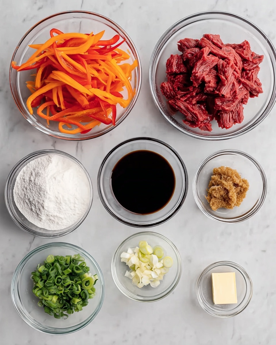 The image shows several clear glass bowls on a white marbled surface, each holding different ingredients. In the top left is a bowl with thin strips of red bell pepper and orange carrot. To the right is a bowl with raw, thinly sliced red beef. Between these two bowls is a smaller bowl filled with dark soy sauce. Below, there is a bowl of white powdered cornstarch, a bowl of brown sugar, and a bowl of chopped green onion. Small glass bowls hold minced garlic, minced ginger, clear liquid (likely vinegar or water), and a small piece of butter. The arrangement is neat and all bowls are clear, showing off the colors and textures of the ingredients clearly. Photo taken with an iphone --ar 4:5 --v 7