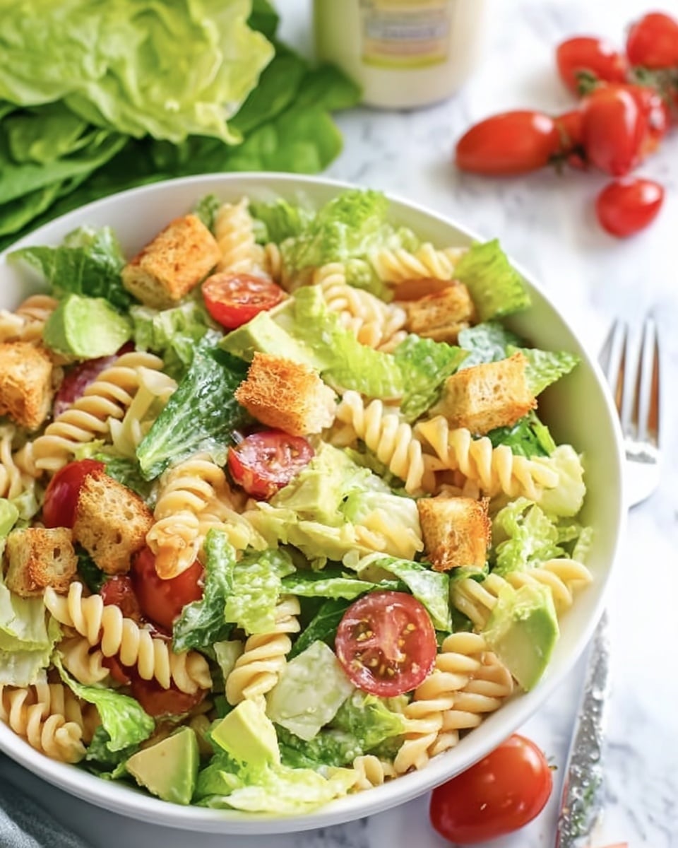 The image shows a white bowl filled with a fresh pasta salad. The base layer has light yellow spiral pasta mixed evenly throughout. On top of that, there are bright green romaine lettuce pieces scattered, with some light green avocado chunks mixed in. Red cherry tomato halves are spread around the salad, adding a pop of color. Golden brown toasted bread cubes are placed on top and around the salad for texture. The bowl sits on a white marbled surface, with a fork nearby and some romaine lettuce and cherry tomatoes blurred in the background. Photo taken with an iphone --ar 4:5 --v 7