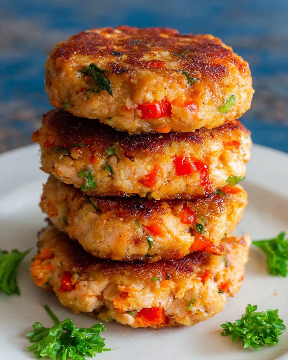 A stack of four thick, golden-brown salmon patties sits on a white plate with a hint of fresh green parsley around the base. Each patty has a rough texture with visible chunks of orange salmon, red bell peppers, and small green herb flecks throughout. The edges of the patties are browned and slightly crispy, showing a contrast to the softer, flaky inside. The patties are arranged one on top of the other, creating a tall, appetizing tower on the white marbled surface. photo taken with an iphone --ar 4:5 --v 7
