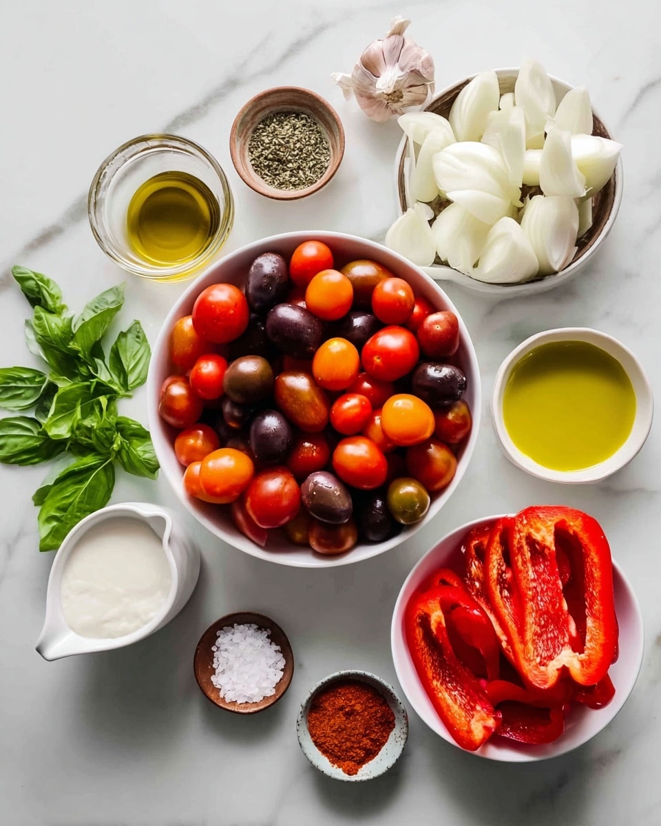 A white bowl in the center is full of red, orange, and dark purple small tomatoes, showing different shiny textures and round or oval shapes. To the right, a white bowl holds bright red sliced bell peppers with curved edges. Above it, a white bowl contains large white onion pieces showing their smooth cut surfaces. Near that, a few garlic bulbs are placed, some whole and some with cloves visible, light beige in color with a papery texture. A small glass cup filled with yellow olive oil sits next to the peppers. Below the peppers, a small cream container holds a white creamy substance. Below the tomato bowl, fresh green basil leaves add a soft leafy texture. On the left, a small white pitcher contains more olive oil. Around the tomato bowl, three small white bowls hold different spices and salt – one with reddish powder, another with dried herbs, and the last with coarse salt. The scene is set on a smooth, white marbled surface. photo taken with an iphone --ar 4:5 --v 7