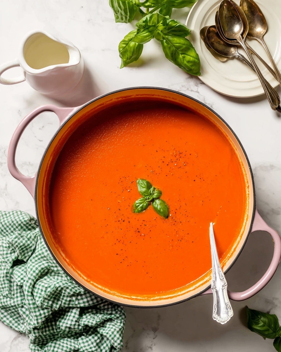 A large pink pot filled with smooth, bright orange tomato soup is centered on a white marbled surface. A silver spoon rests inside the pot on the right edge. A small green basil sprig floats on the surface of the soup. Near the pot, there are fresh green basil leaves, a small white pitcher of cream, and a white plate holding two vintage silver spoons. A green and white checkered cloth is casually placed near the pot handle. Photo taken with an iphone --ar 4:5 --v 7