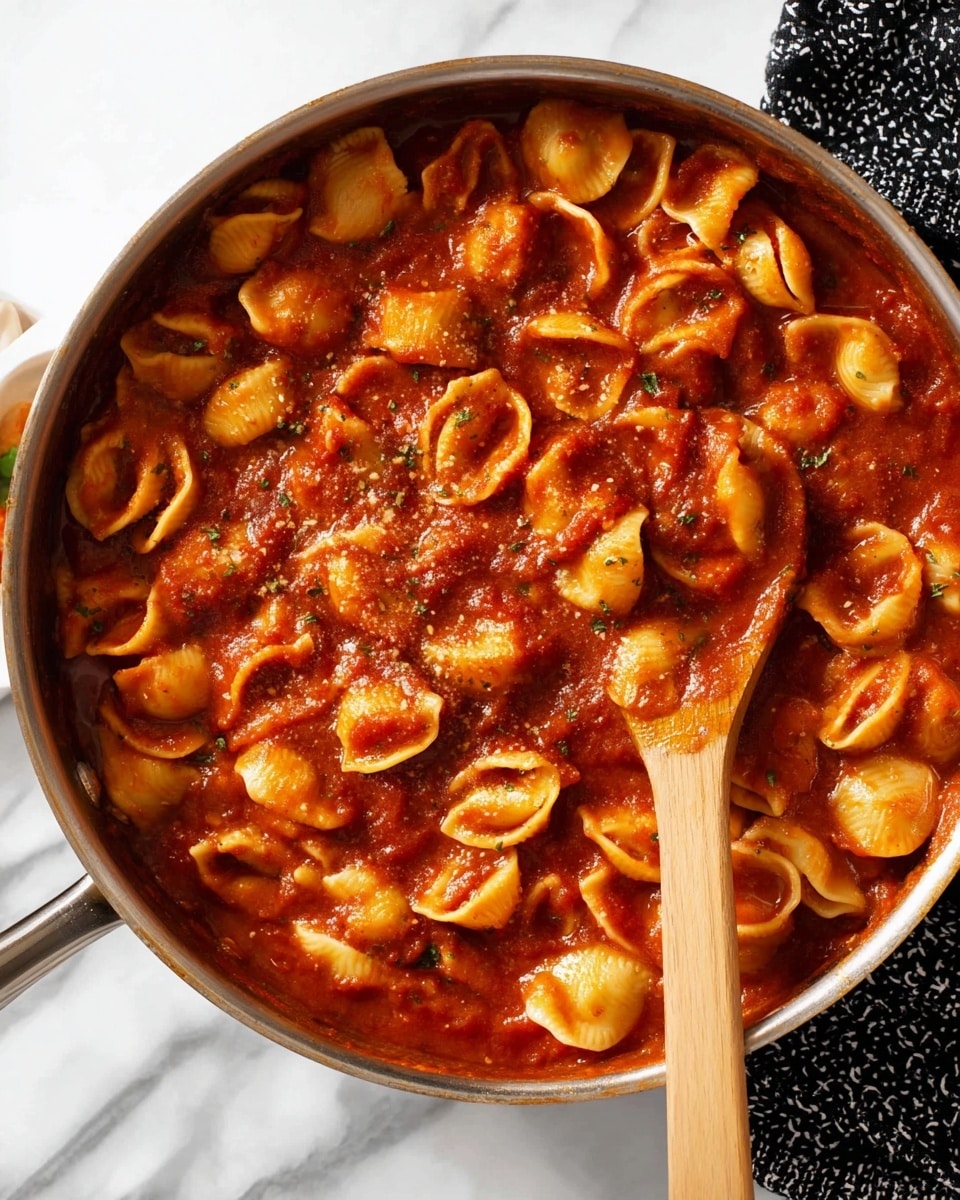 A skillet filled with round pasta shells cooked in a thick, rich red tomato sauce with visible tomato chunks and herbs, the sauce coating each pasta piece evenly. A wooden spoon rests on the right edge of the skillet, partially submerged in the sauce, showing the smooth, dense texture of the tomato base. The skillet is placed on a white marbled surface with a black and white patterned cloth partially visible at the top right side. The overall colors are warm reds and browns from the sauce and pasta. photo taken with an iphone --ar 4:5 --v 7